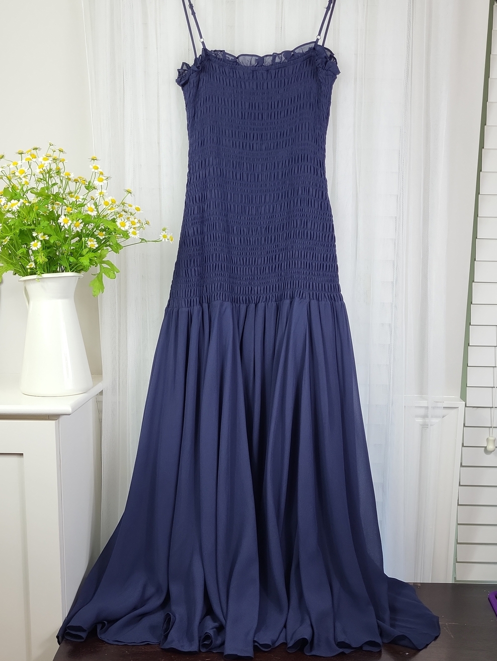 J. Crew Collection Smocked Chiffon Navy Maxi Dress with Spaghetti Straps. Size 8 - Picture 10 of 12